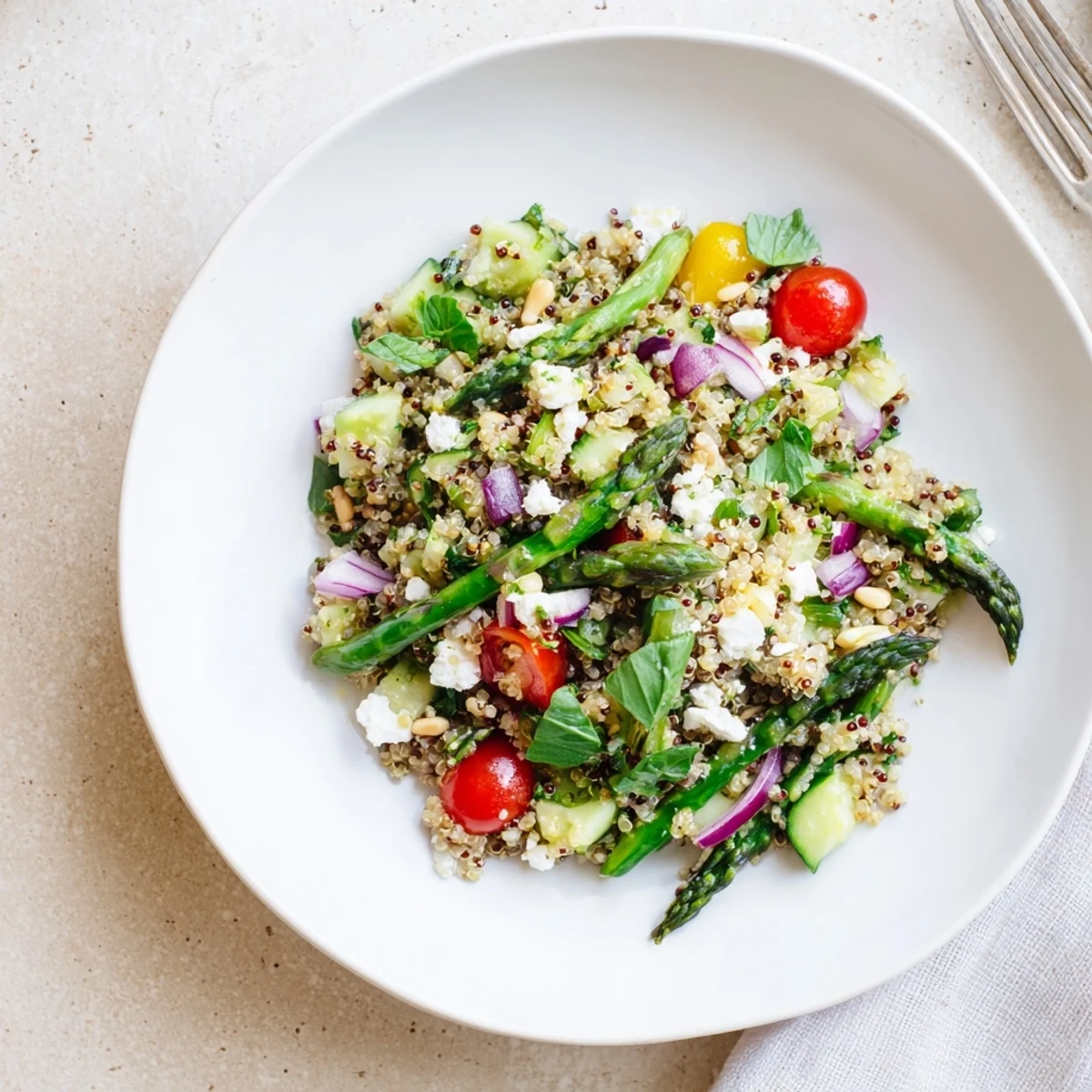 Verlockender Asparagus und Quinoa-Salat, ideal für eine gesunde Beilage oder leichtes Mittagessen.