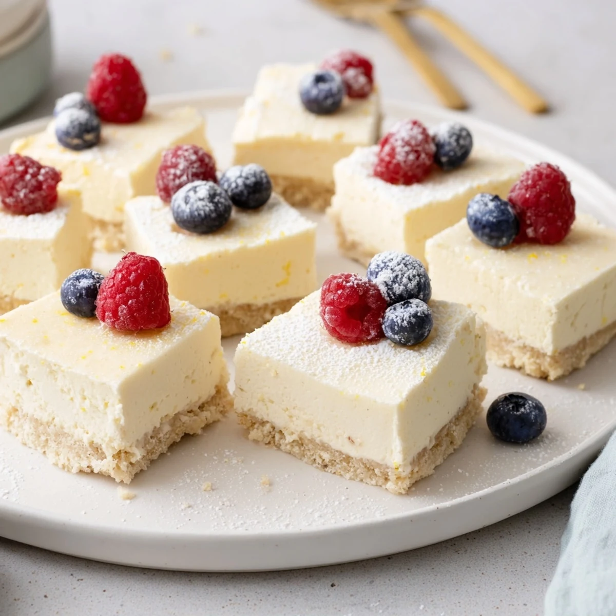 Zarte Quark-Cheesecake-Bites auf knusprigem Keksboden, ideal fürs Naschen.