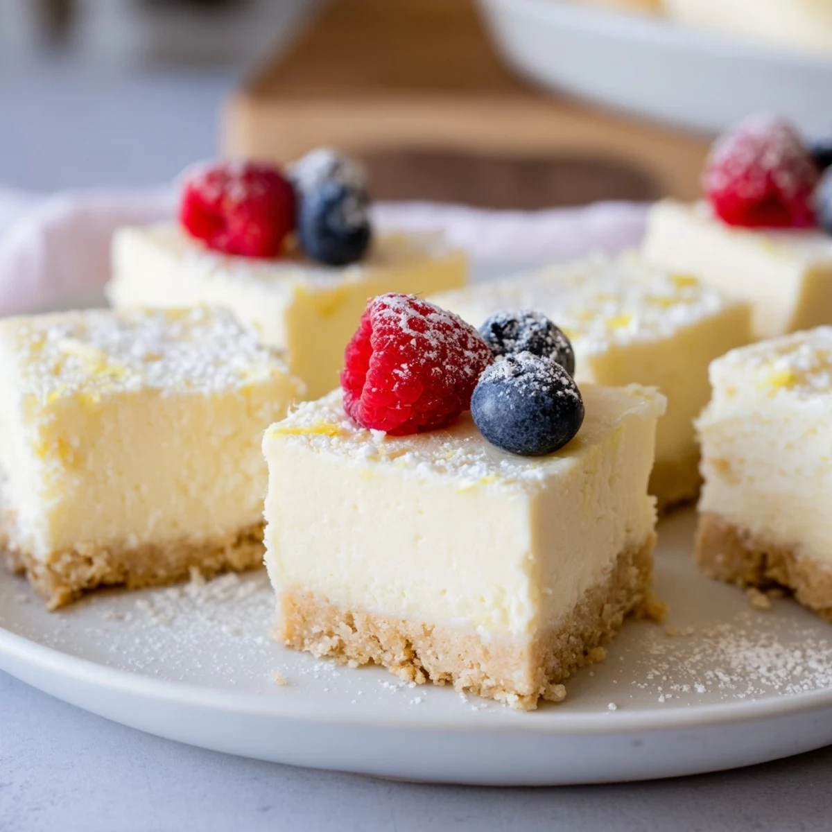 Leckere Quark-Cheesecake-Bites mit frischen Beeren und Puderzucker zum Servieren.