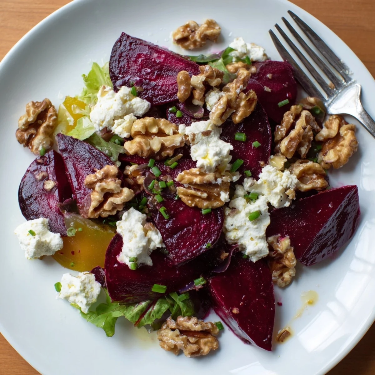Frischer Roasted Beet and Goat Cheese Salad, ideal für ein gesundes Mittagessen.  