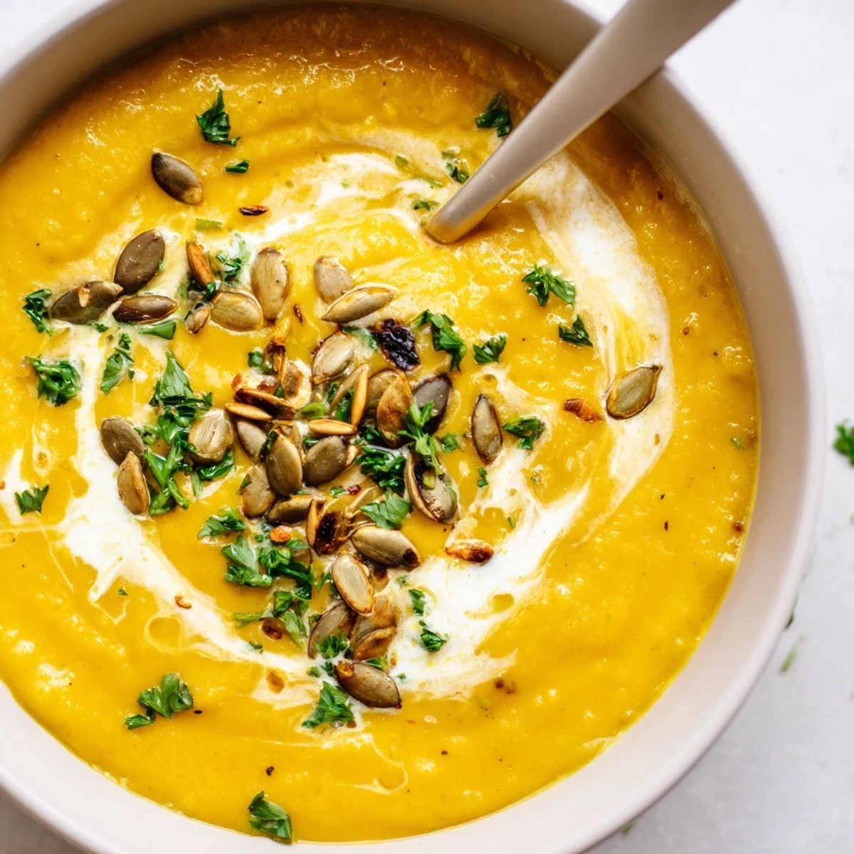 Aromatische Kürbissuppe, zubereitet mit geröstetem Gemüse und leichten Gewürzen für den Komfort.