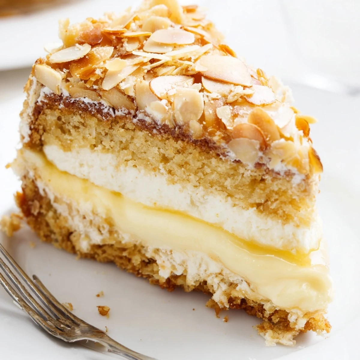 Bienenstich-Kuchen mit cremigem Vanillepudding und knusprigen Honigmandeln