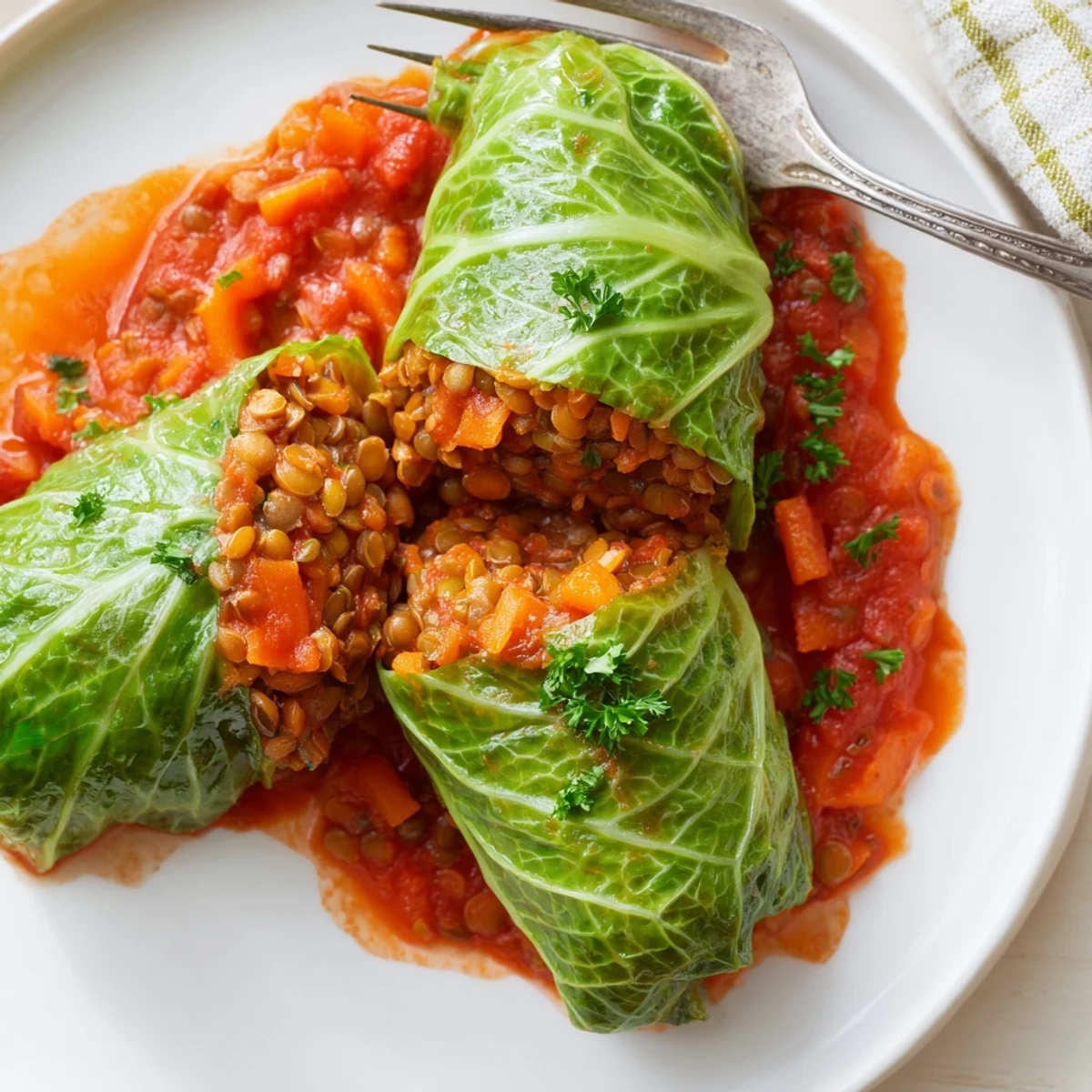 Herzhaften Cabbage Rolls mit gewürzten Linsen, frisch aus dem Ofen gebacken und serviert.