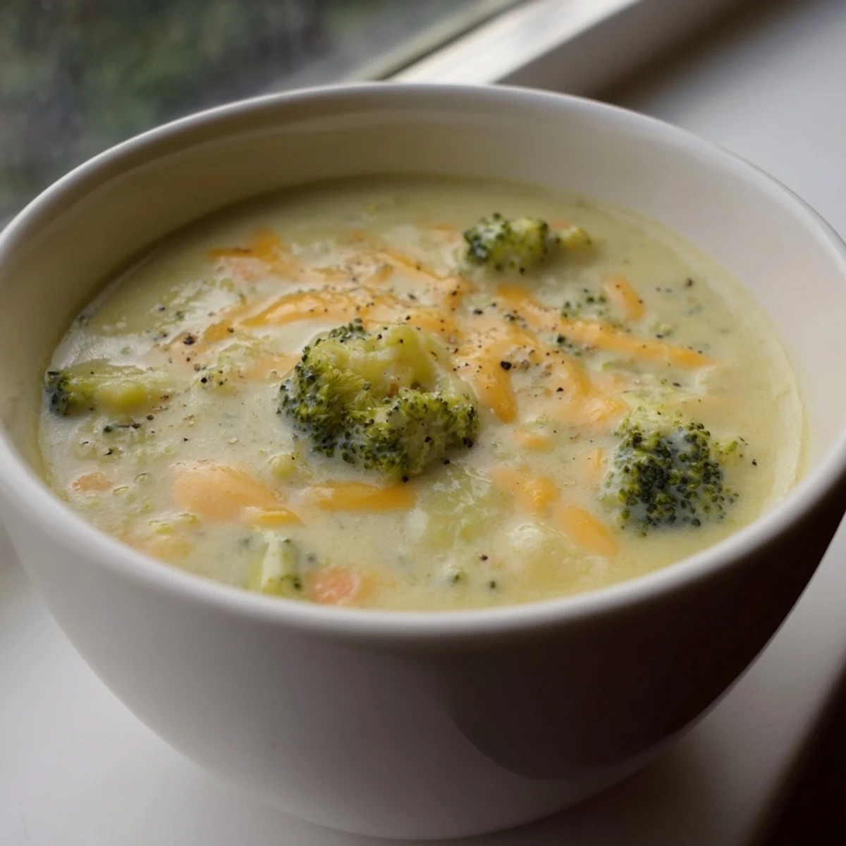 Creamy Broccoli and Cheese Soup in a bowl, a comforting American classic, ready to serve.