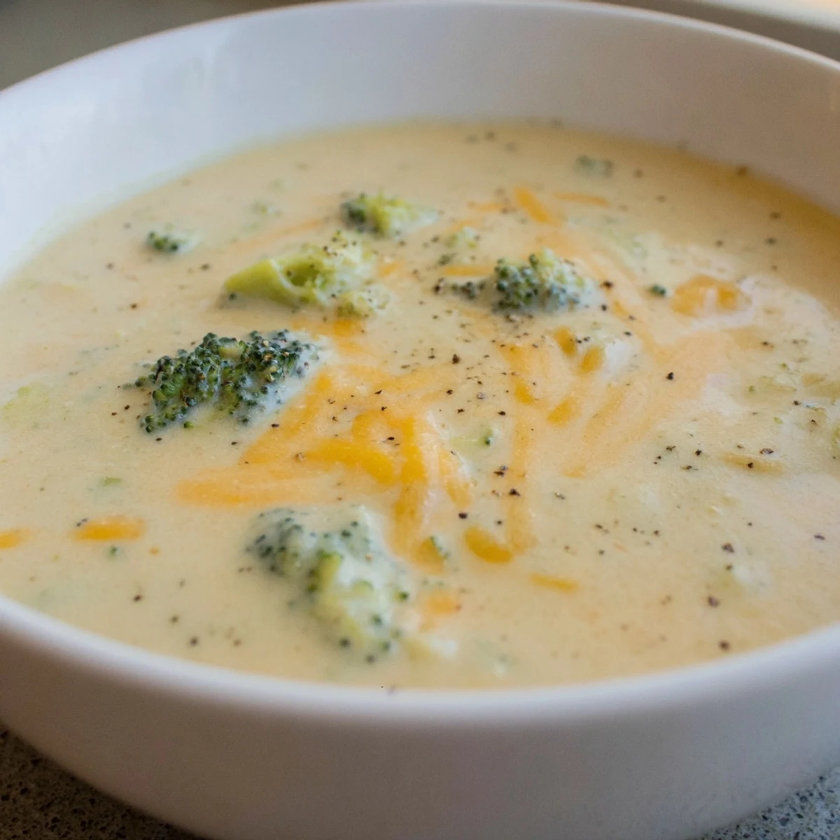 Up-close shot of a smooth, thick Creamy Broccoli and Cheese Soup, perfect for a cozy dinner.