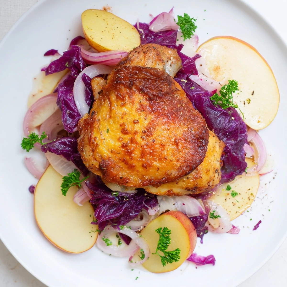 Steaming Budget Oktoberfest Chicken and Red Cabbage Bake, showcasing a comforting German-inspired main course.