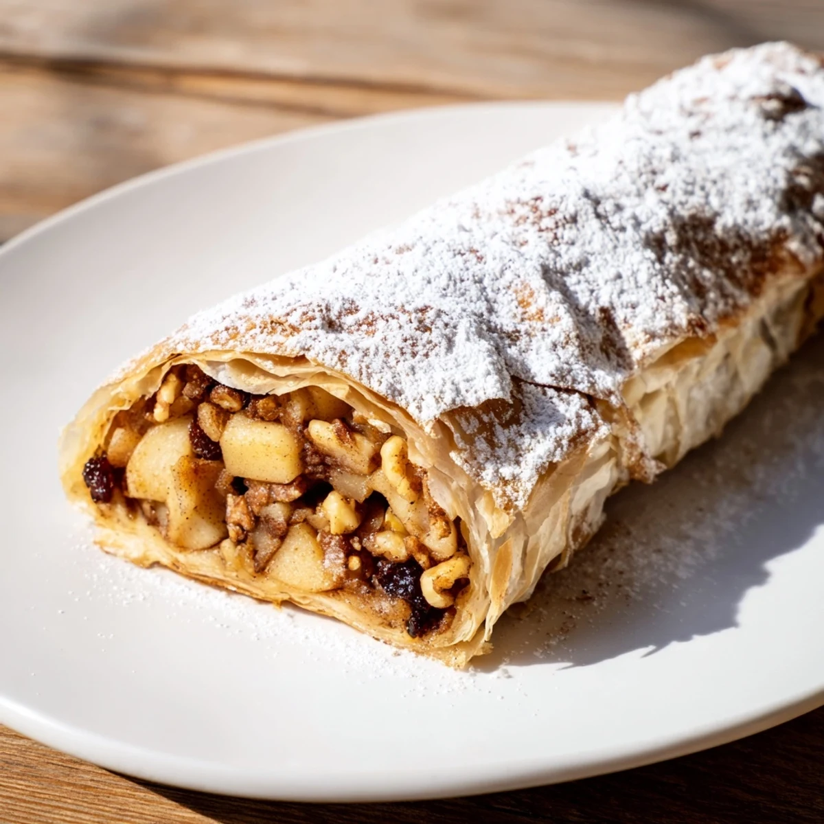 Warm, freshly baked apple strudel rolls dusted with powdered sugar, ready to be enjoyed.