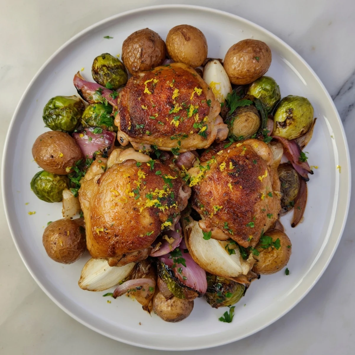 Golden-brown one-pan chicken with potatoes and Brussels sprouts, ready to serve with lemon.