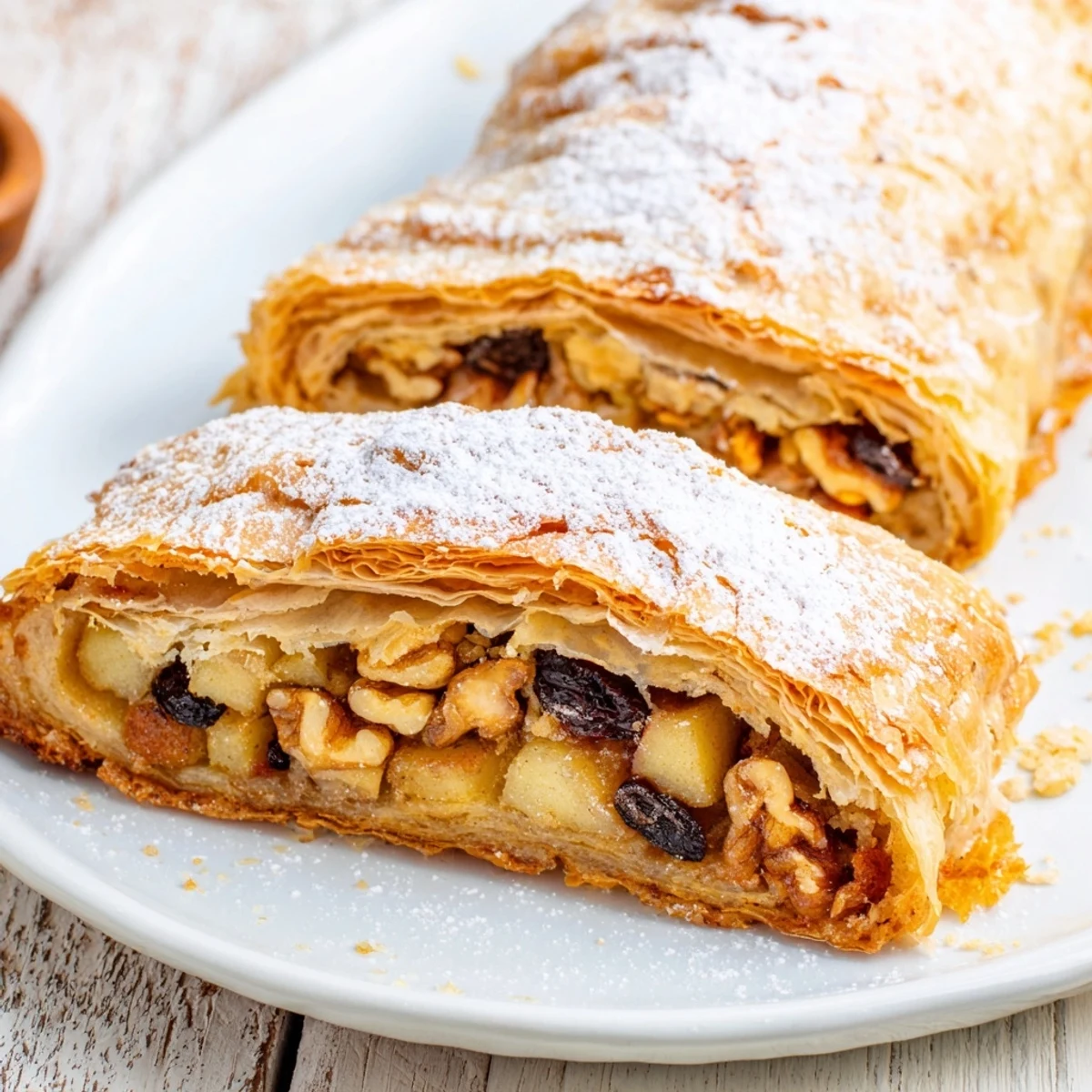 Golden, flaky Apple Strudel with a warm, spiced apple filling, perfect for dessert.
