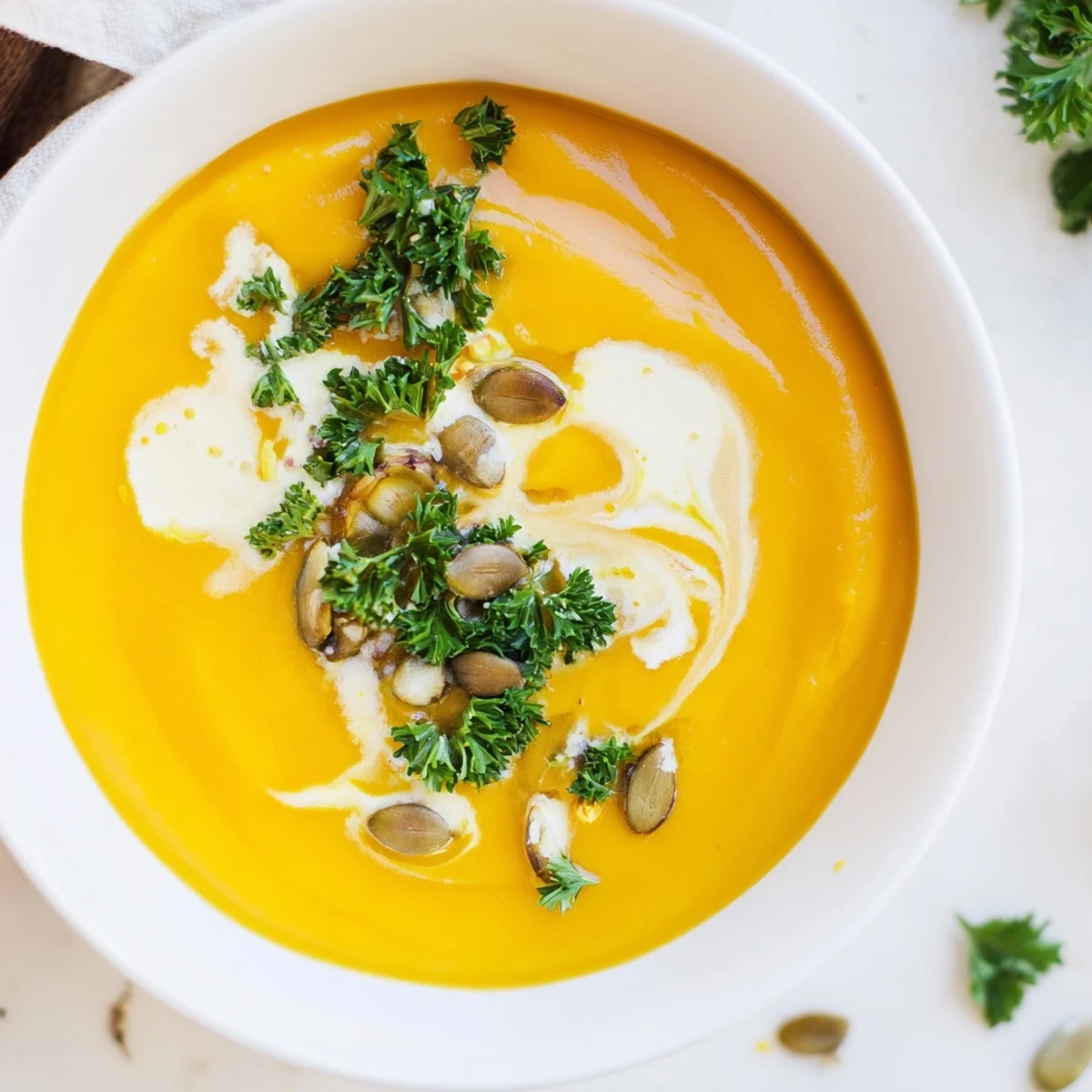A bowl of warm pumpkin soup: smooth texture, with bread, perfect for a cozy fall meal.