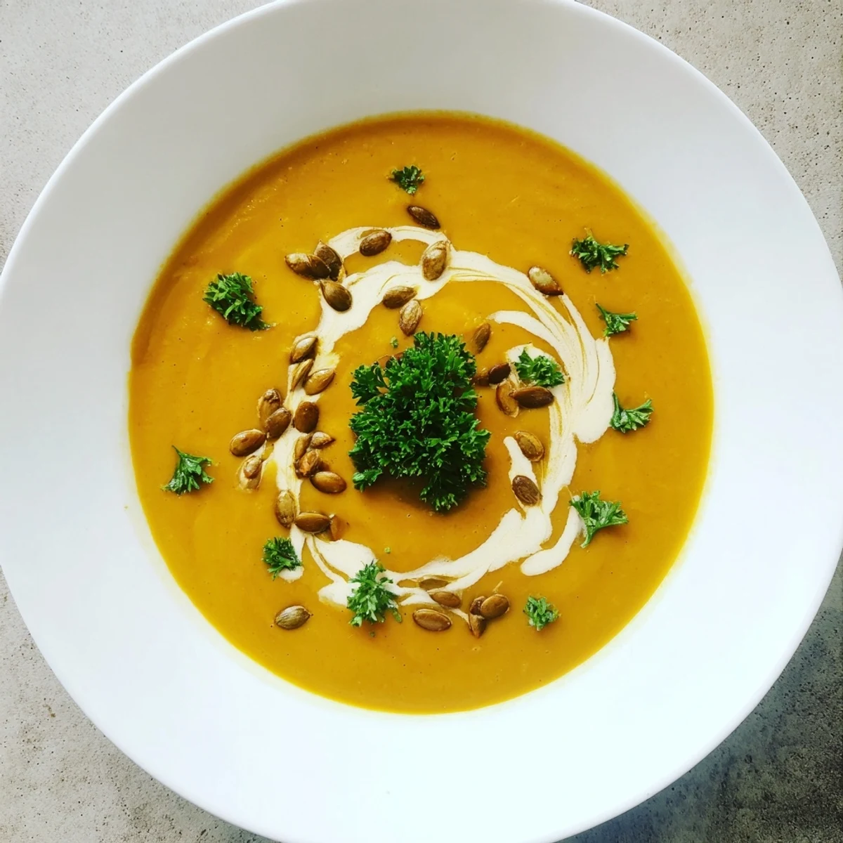 Golden-orange pumpkin soup, a vegetarian main dish with toasted bread for dipping.