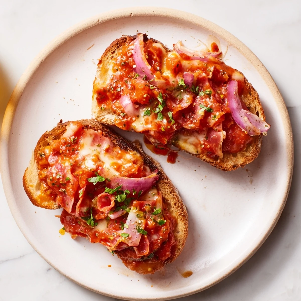 Golden-baked Brötchen pizza with bubbly cheese, diced ham, and a savory tomato base.
