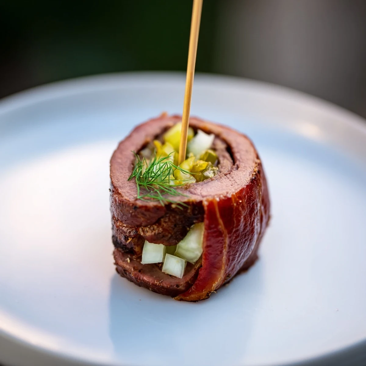 Close-up of perfectly browned mini Rouladen, showcasing the savory beef and pickle filling.