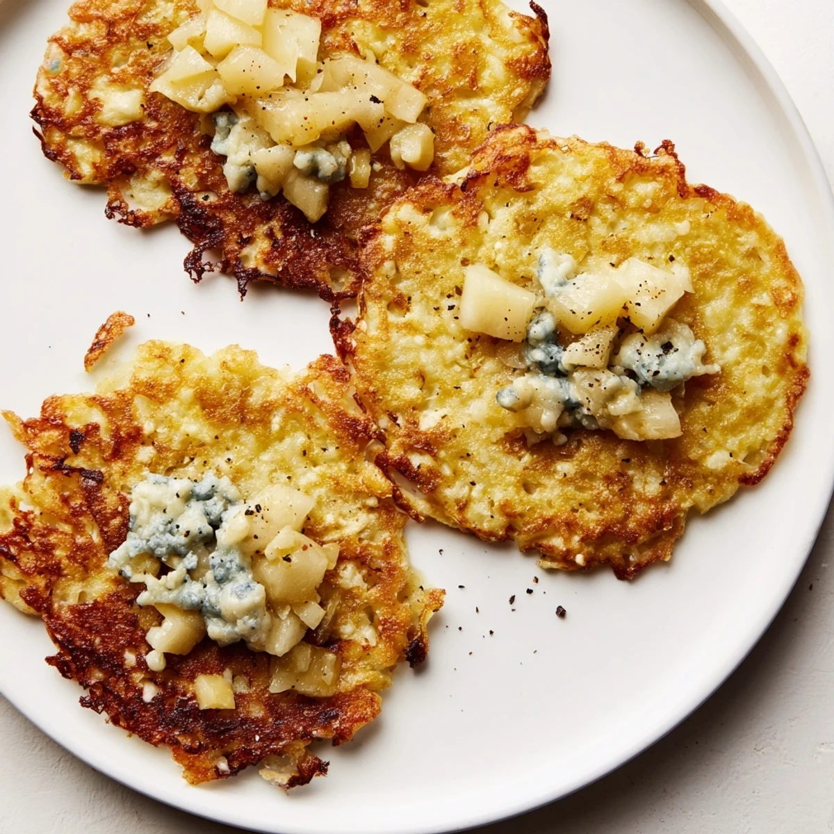Golden-brown Budget Potato Pancakes, topped with flavorful Gorgonzola-apple compote, look irresistible.