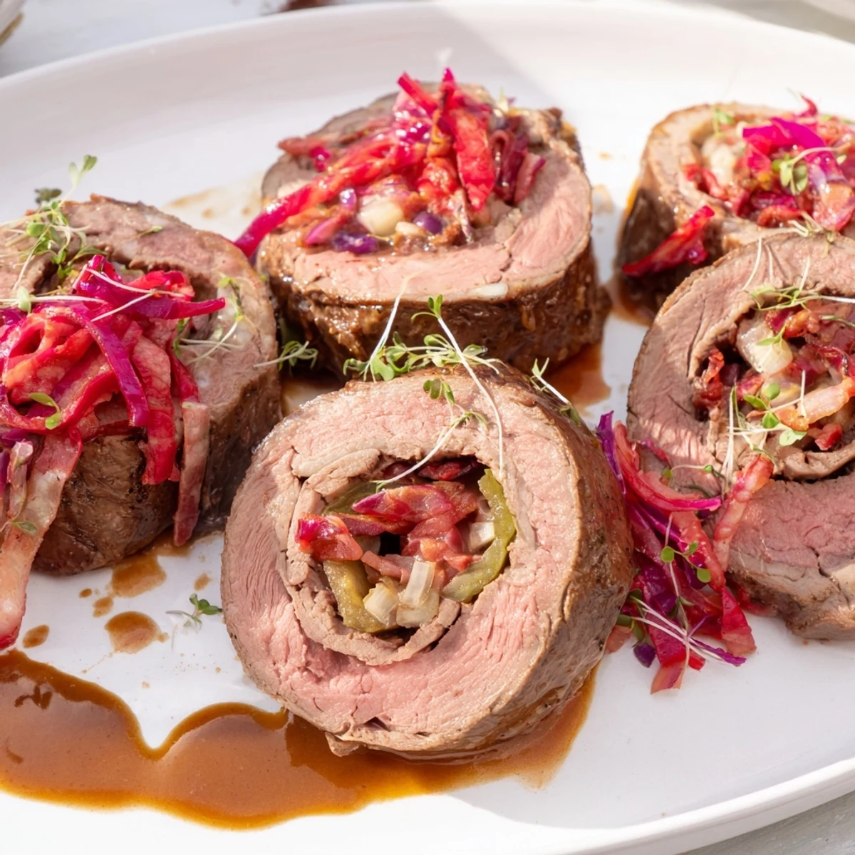 Tender Sauerbraten Roulades with savory red cabbage, plated elegantly for a delicious German feast.