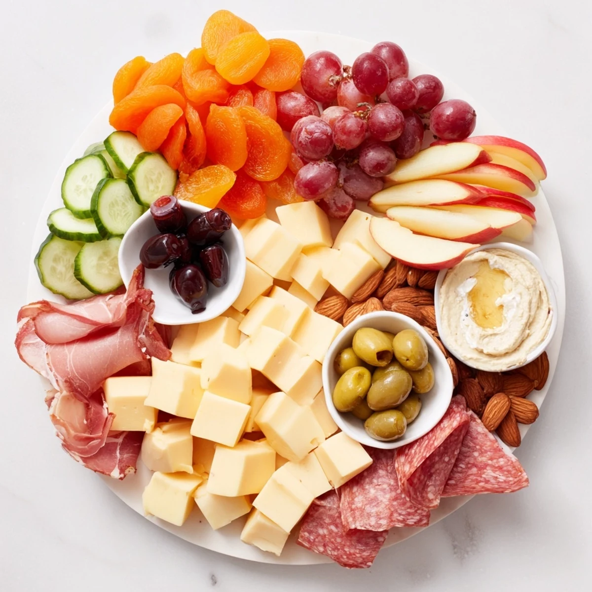 Picnic Basket Snack Board arranged with colorful cheeses, meats, crackers, and fresh fruits, ready to eat.