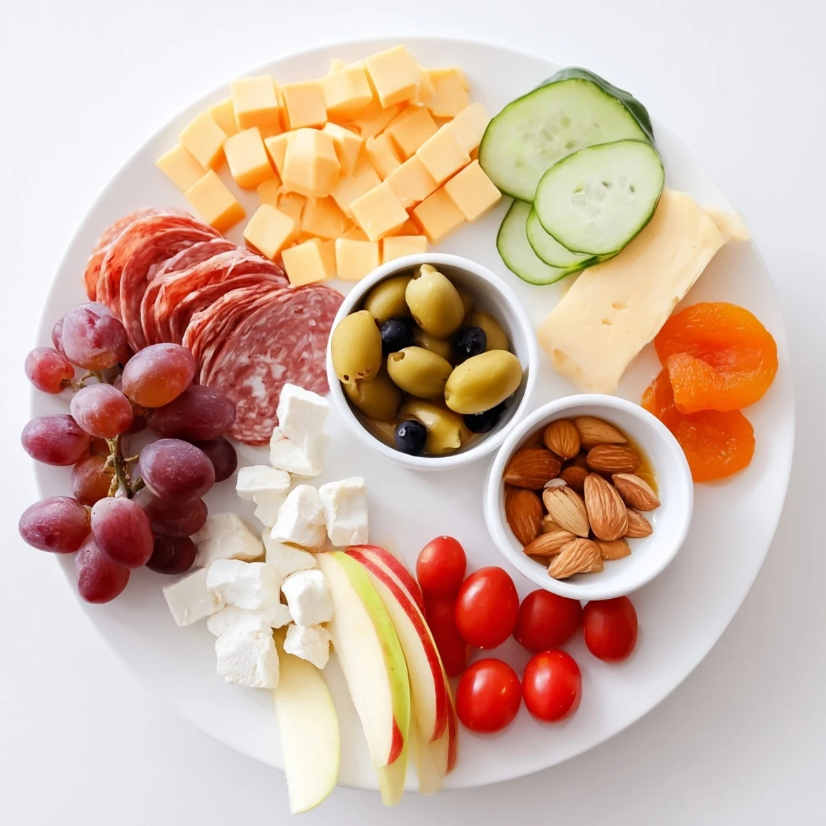 A delightful assortment on a Picnic Basket Snack Board, including hummus, olives, and fresh baguette slices.
