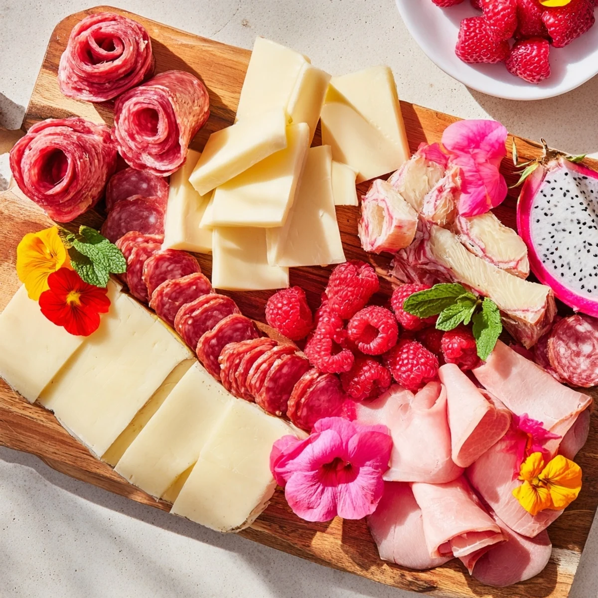 See the delicious Flamingo Paradise Board, overflowing with summer fruits and beautiful charcuterie slices.