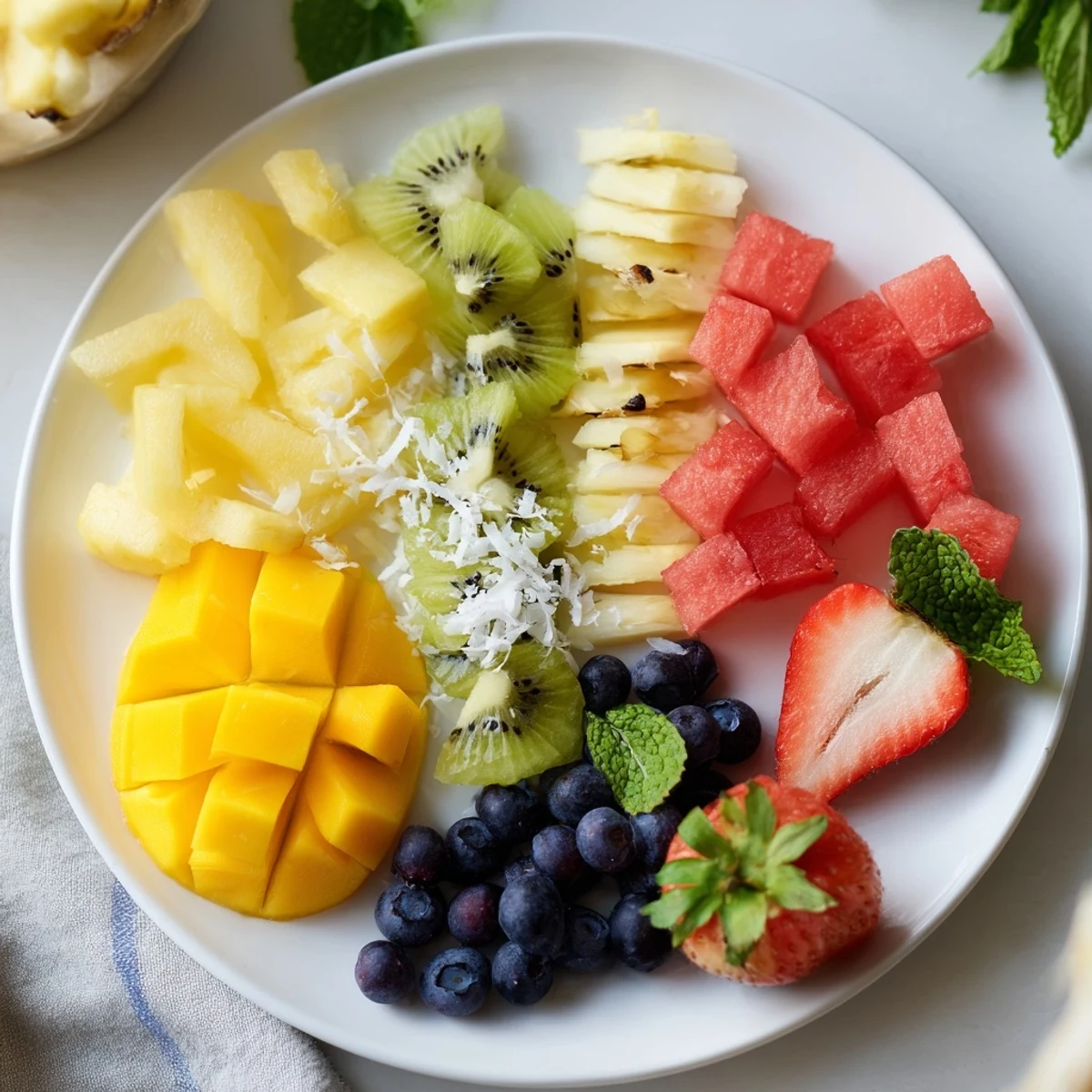 Fresh tropical pineapple platter overflowing with vibrant fruits, perfect for a summer dessert.