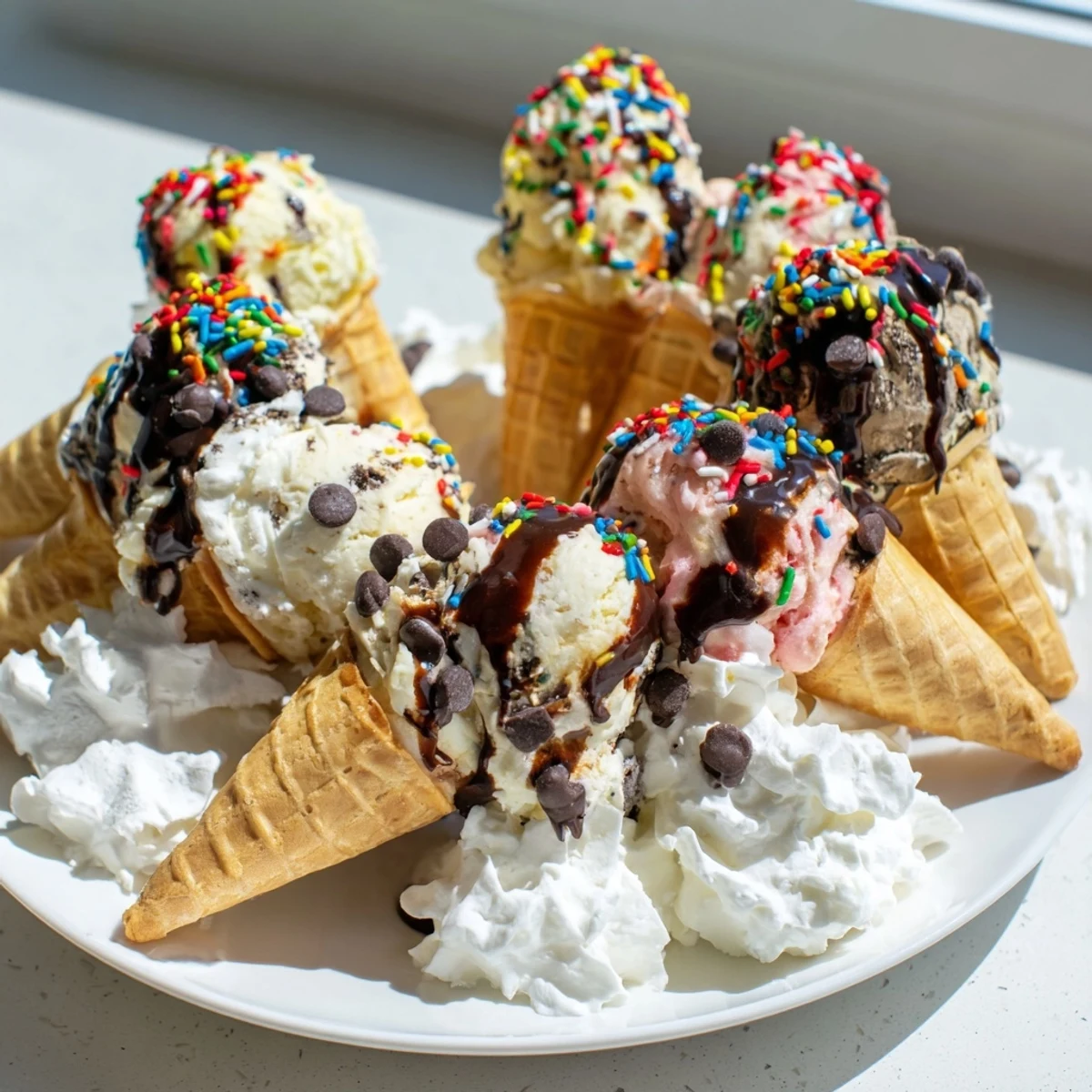 Colorful Ice Cream Cone Grazing Board offering a delicious party dessert, overflowing with treats.