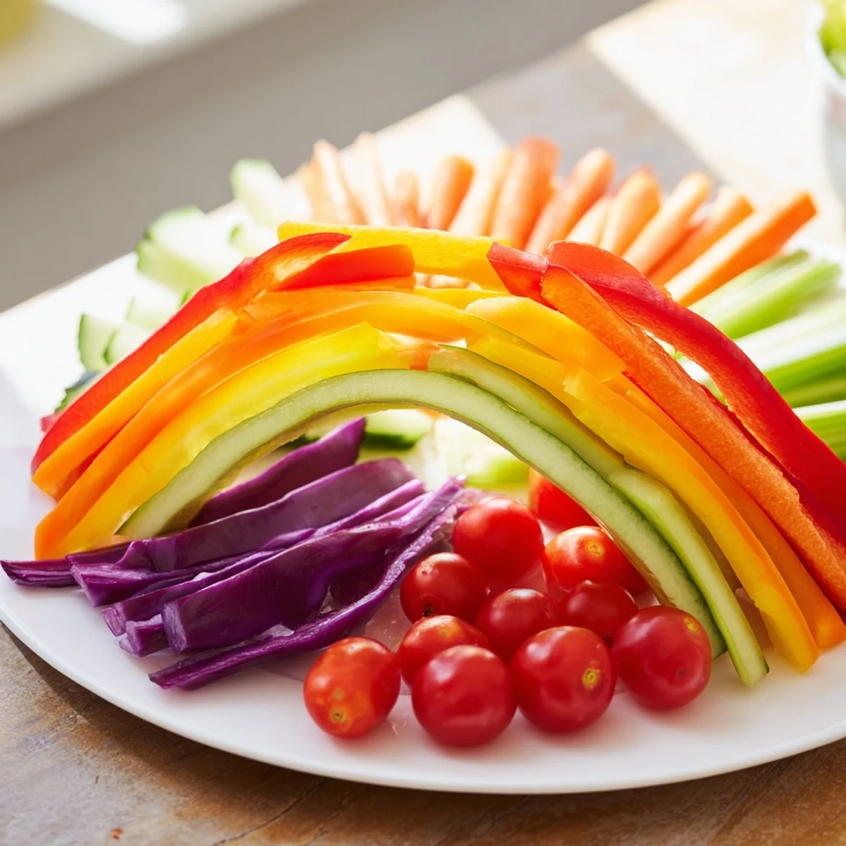 A vibrant rainbow arch of Rainbow Arch Bright Veggie Sticks, ready for dipping, a healthy party snack.