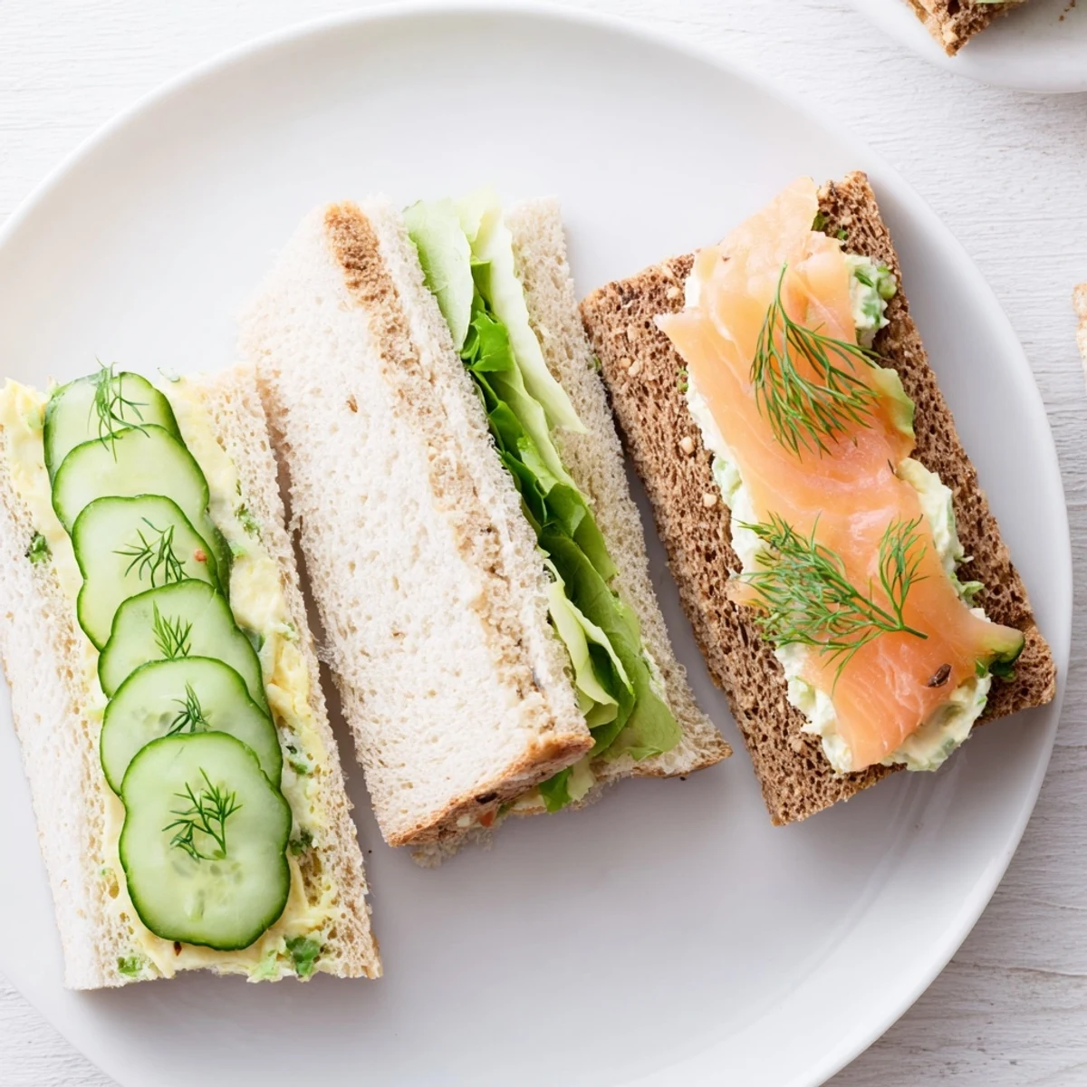 An appealing close-up of colorful Castle Feast Royal Tea Party Sandwiches, perfectly cut and carefully presented.