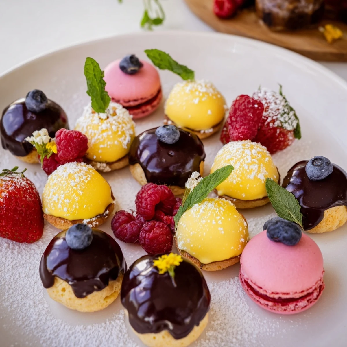 Enjoy this elegant Montgolfière dessert platter, filled with colorful macarons and tartlets.