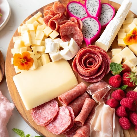 A visually stunning Flamingo Paradise Board with colorful fruits, cheeses, and charcuterie awaiting you.