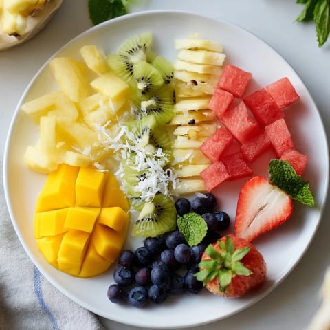 Fresh tropical pineapple platter overflowing with vibrant fruits, perfect for a summer dessert.