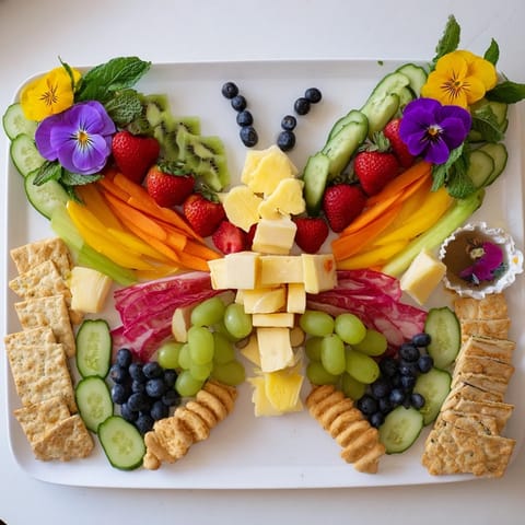 Butterfly Summer Board brimming with colorful fruits, cheeses, and edible flowers, ready to serve.