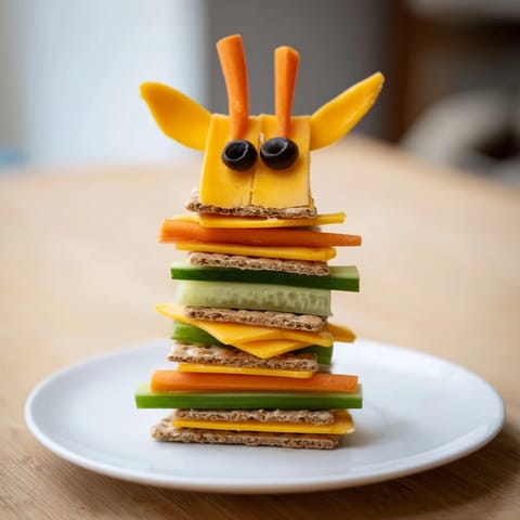 A delicious Giraffe Tall Cracker Stack, artfully arranged with cheese, olives, and fresh vegetables.