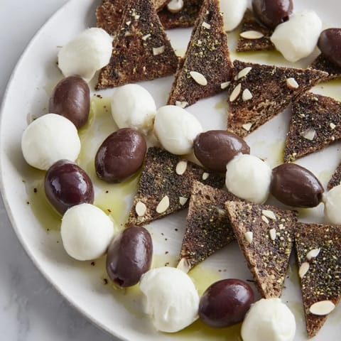 Elegant Black and White Formal Affair appetizer: a contrasting arrangement of black olives, figs, and white mozzarella.