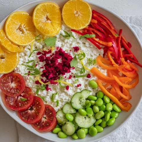 A colorful The Prism Burst salad showcases fresh vegetables and fruits in vibrant layers.