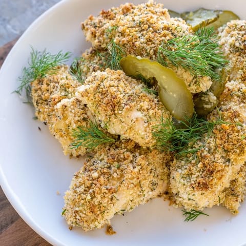 Savory and flavorful, these baked Pickle Ranch Chicken breasts look delicious alongside roasted vegetables.