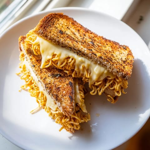 Golden-brown Ramen Grilled Cheese, a unique fusion of comfort food for a satisfying lunch.