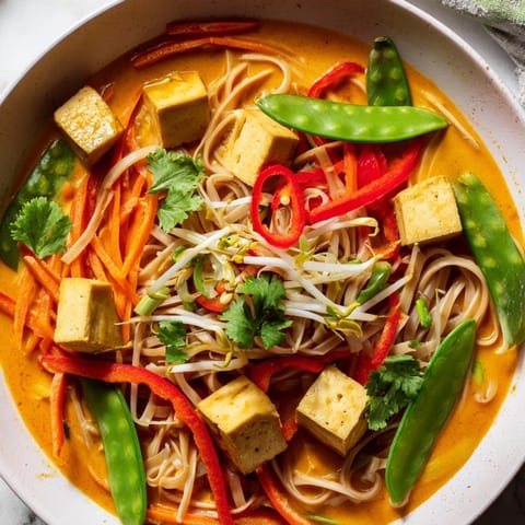 This Malaysian Laksa Curry shows a steaming bowl: noodles, tofu, and vibrant vegetables, perfect for a cozy meal.