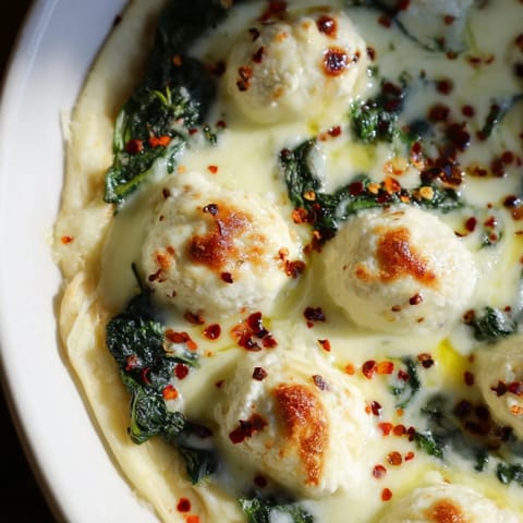 Eine vegetarische Spinat-Ricotta-Pizza aus dem Ofen mit goldenem Käse, duftendem Knoblauchbutter-Rand und frischem Spinat auf knusprigem dünnen Teig.