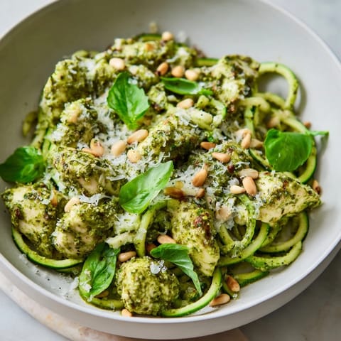Fresh Pesto Zucchini Chicken Bowl served with basil, a light Mediterranean dinner for four.