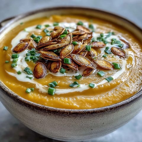 Glatte Acorn Squash Suppe mit cremiger Oberschicht und Chives.
