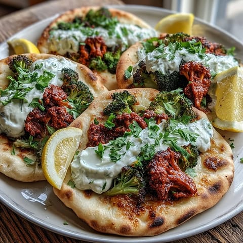 Crispy roasted broccoli florets coated in vibrant red harissa paste piled onto warm flatbreads topped with Greek yogurt and fresh cilantro.