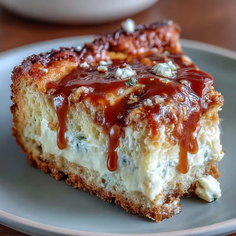 Karamell-Frischkäse-Brot: Goldbraune Scheiben mit cremigem Kern und süßer Karamellnote auf hölzerner Arbeitsplatte.