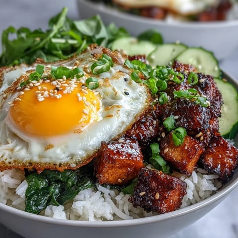 Eine lebendige Tofu Jammy Egg Breakfast Bowl, servierfertig mit aromatischer Sauce.