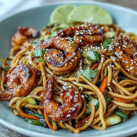 15-Minuten-Asia-Nudelgericht mit saftigen Garnelen und würziger Sauce auf dem Teller.