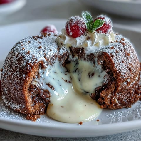 A close-up of Hojicha White Chocolate Lava Cake oozing creamy filling next to fresh berries.