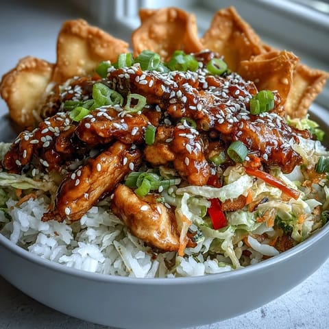 Crispy Baked Egg Roll Chicken Bowls mit würzigem Hähnchen und knackigem Gemüse.