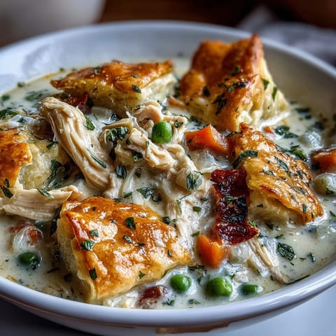 Creamy Chicken Pot Pie Soup served in a rustic white bowl, garnished with fresh parsley