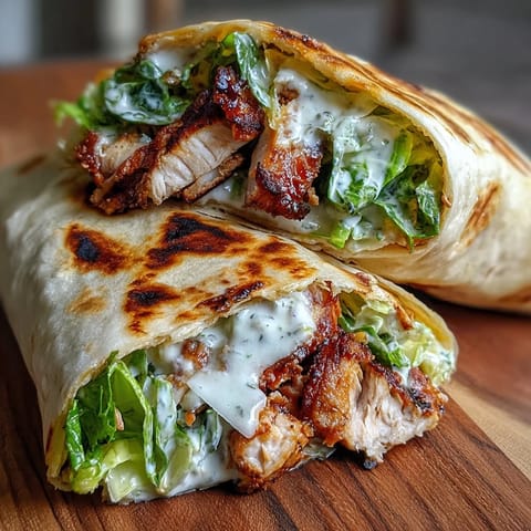 Slices of juicy grilled chicken and crisp romaine on warm, garlicky naan, drizzled with creamy Caesar for a hearty Garlic Naan Grilled Chicken Caesar Wrap.