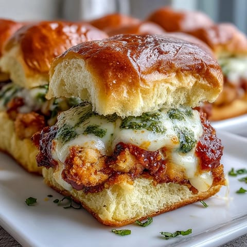 Goldbraune Pesto Chicken Parmesan Sliders auf Tablett mit Sauce und Petersilie