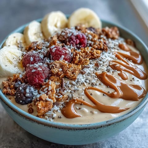 Ein cremiger Vegane Erdnuss Butter Banane Protein Smoothie Bowl mit Erdnussbutter-Dip, Chiasamen und knackigem Granola zum Frühstück.