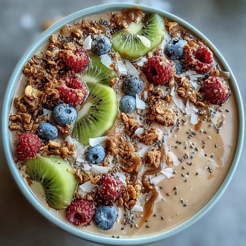 2. Erdfarbene Smoothie-Bowl mit Hojicha-Pulver, frischen Beeren und tropischem Kiwi.  